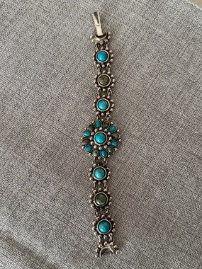 Graziano Silver Tone Turquoise Cabochon Floral Statement Bracelet | Boho Western